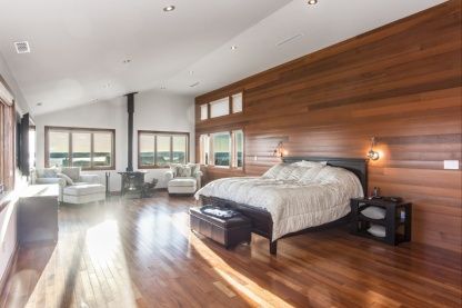 Bedroom, Interior, Recessed Lighting, Water, Wooden Ceilings, Wood Texture Flooring, Wooden Walls