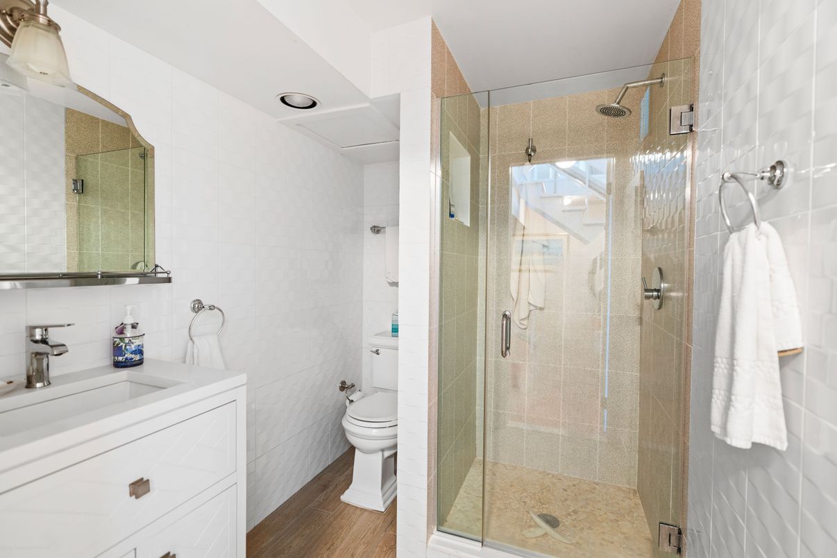 Bathroom, Glass Shower, Interior, Recessed Lighting, Wood Texture Flooring