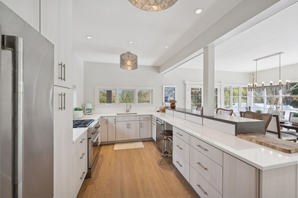 Interior, Kitchen, Pendant Lights, Recessed Lighting, Stainless Steel Appliances, Wood Texture Flooring