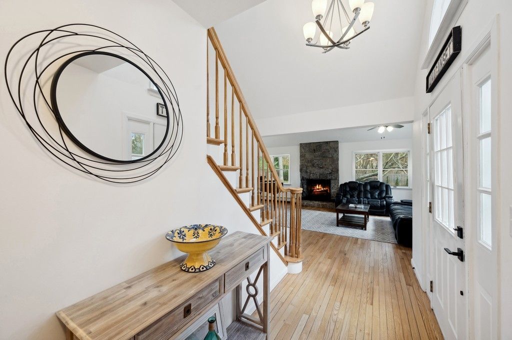 Fireplace, Interior, Living room, Pendant Lights, Wood Texture Flooring