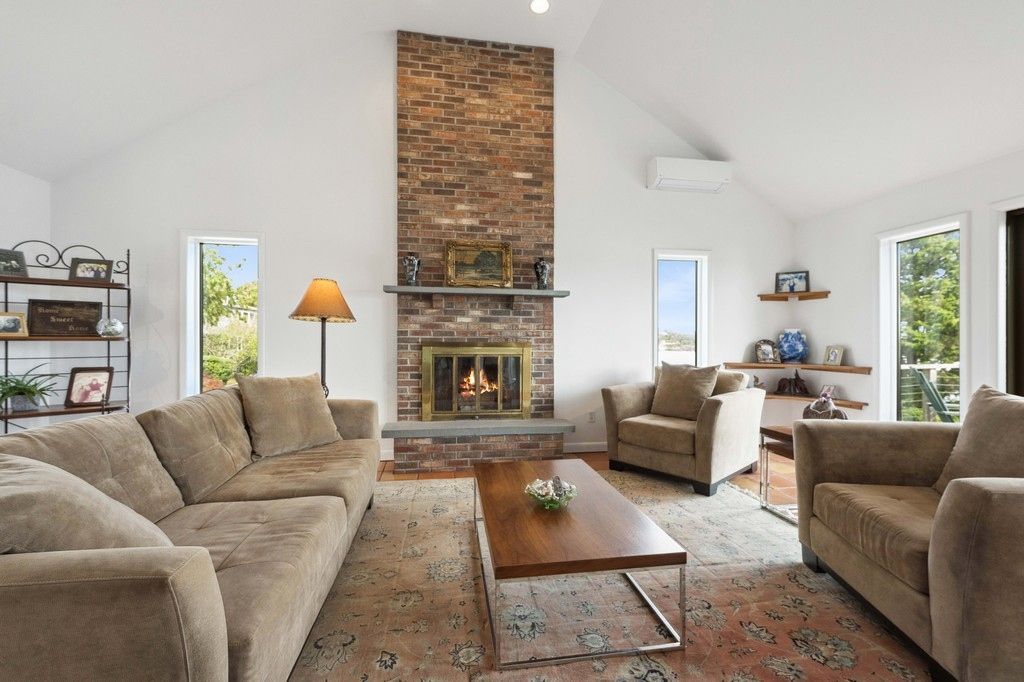Fireplace, Interior, Living room, Recessed Lighting, Stone Walls