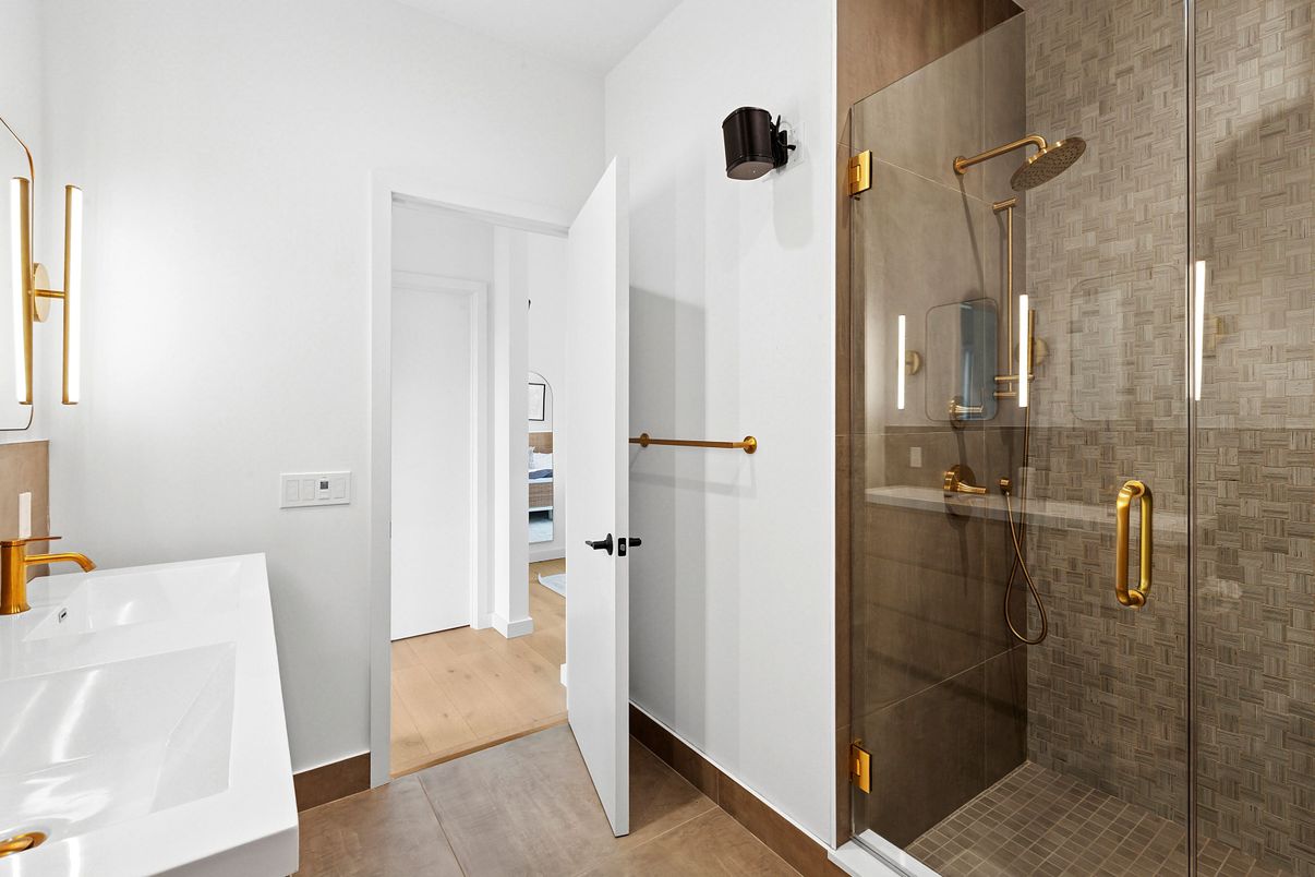 Bathroom, Dual Sink Vanities, Glass Shower, Interior, Wood Texture Flooring