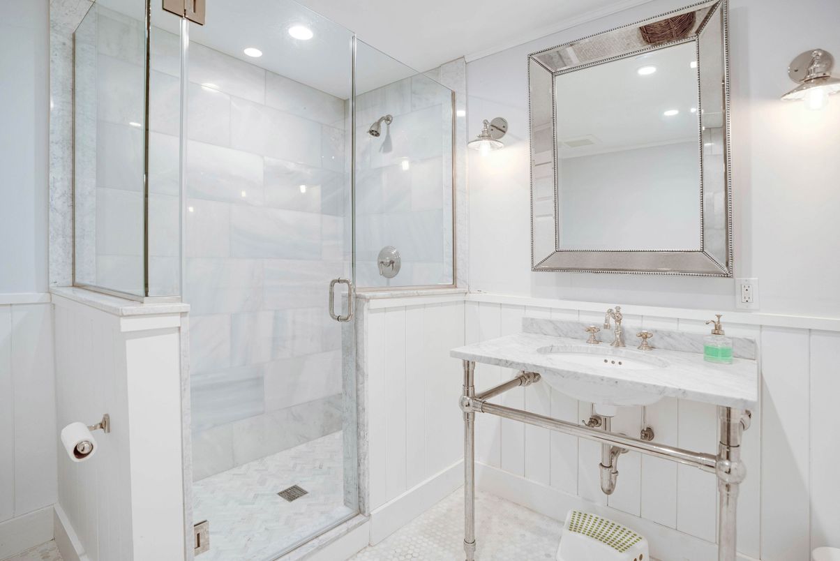 Bathroom, Glass Shower, Interior, Marble Walls, Recessed Lighting
