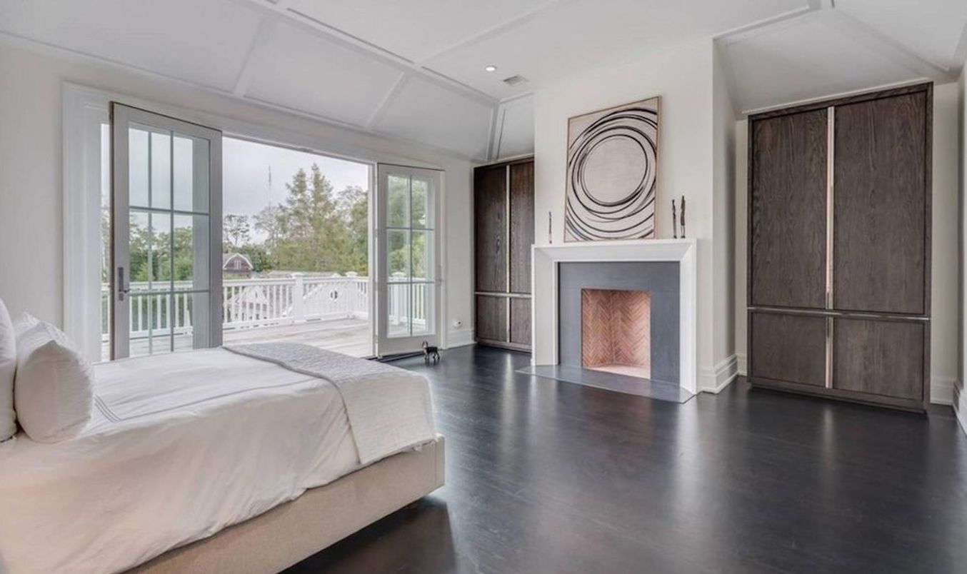 Bedroom, Fireplace, Interior, Recessed Lighting, Wood Texture Flooring