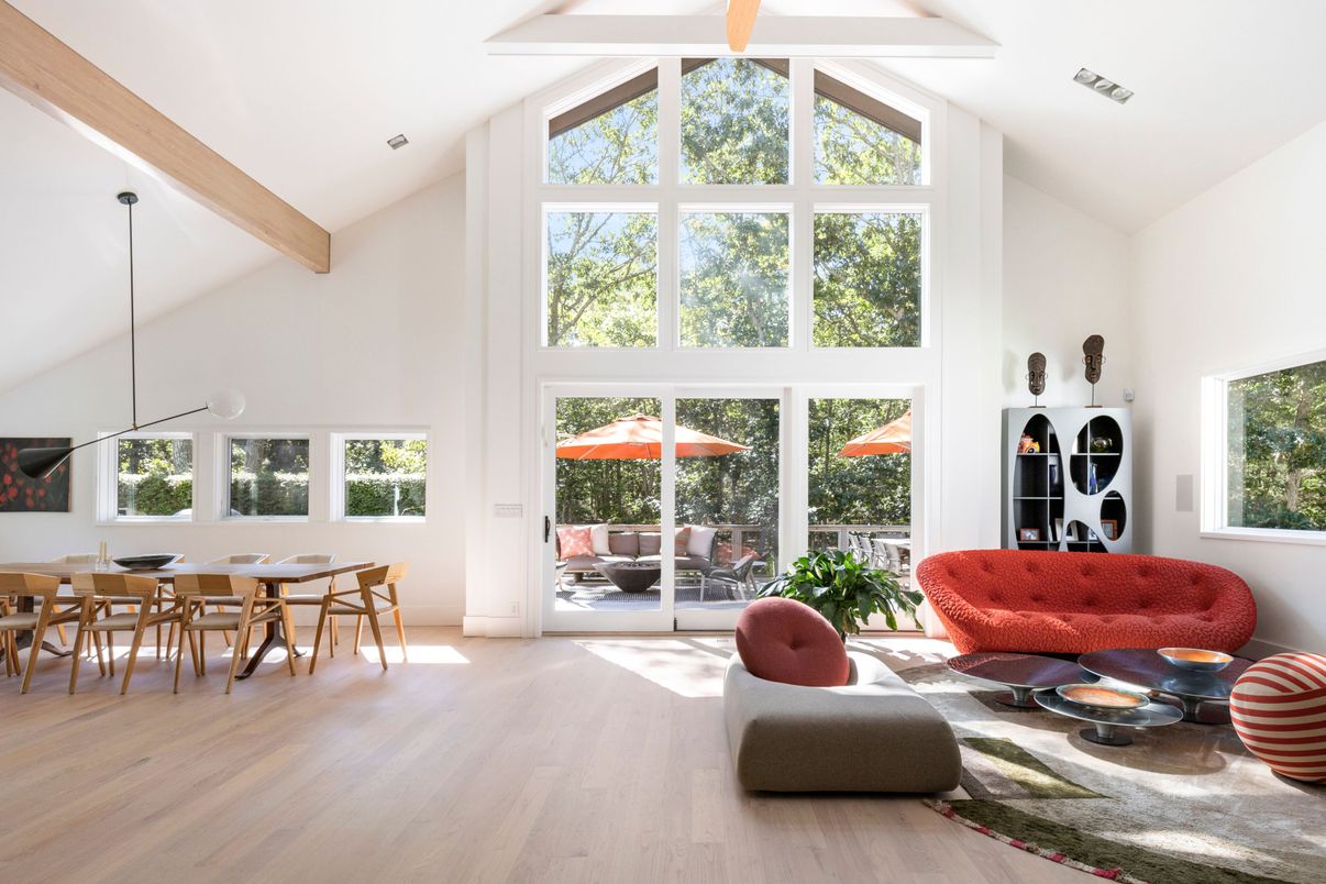 Dining room, Interior, Pendant Lights, Wooden Beams, Wood Texture Flooring