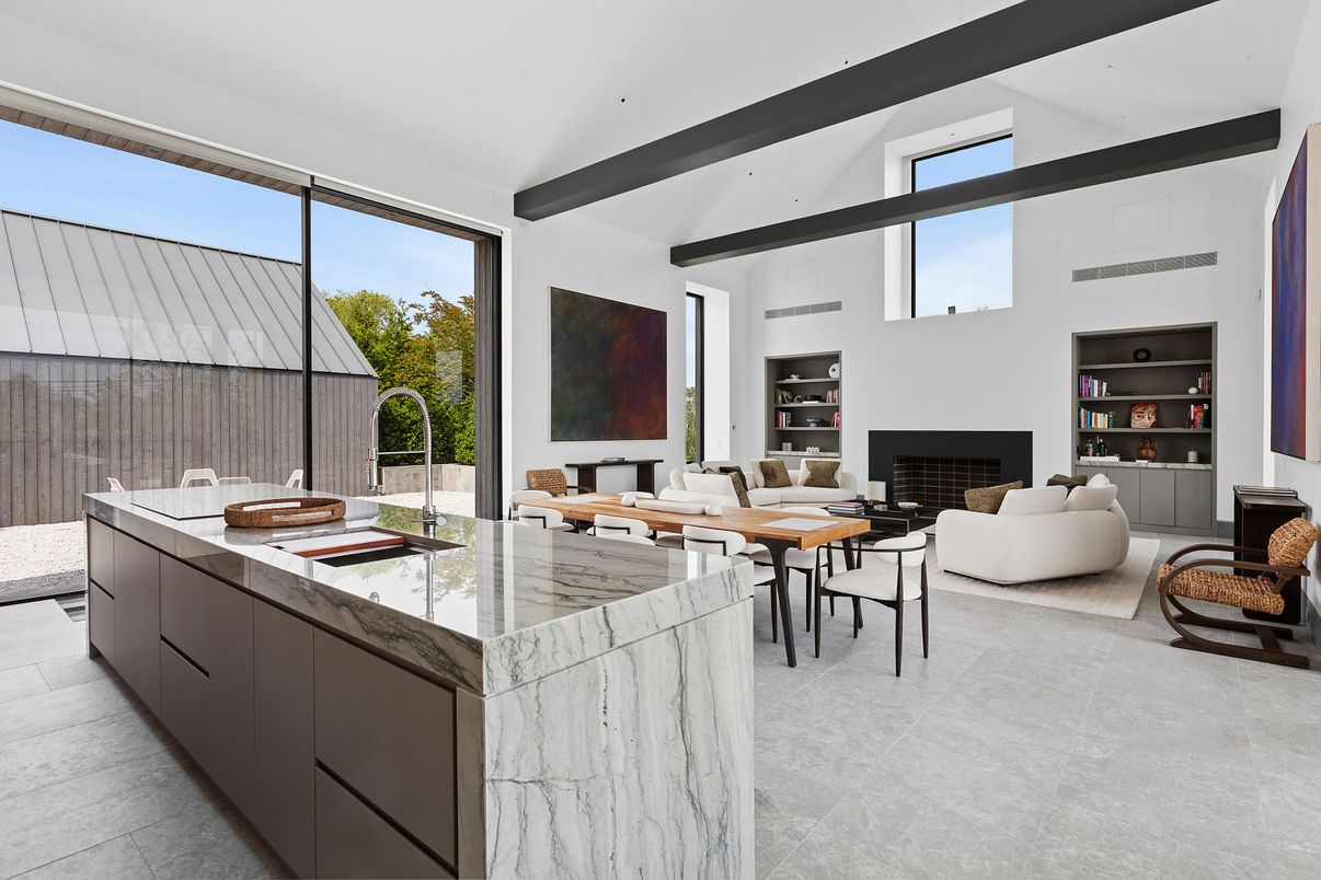 Dining room, Fireplace, Interior, Kitchen, Living room, Recessed Lighting, Wooden Beams