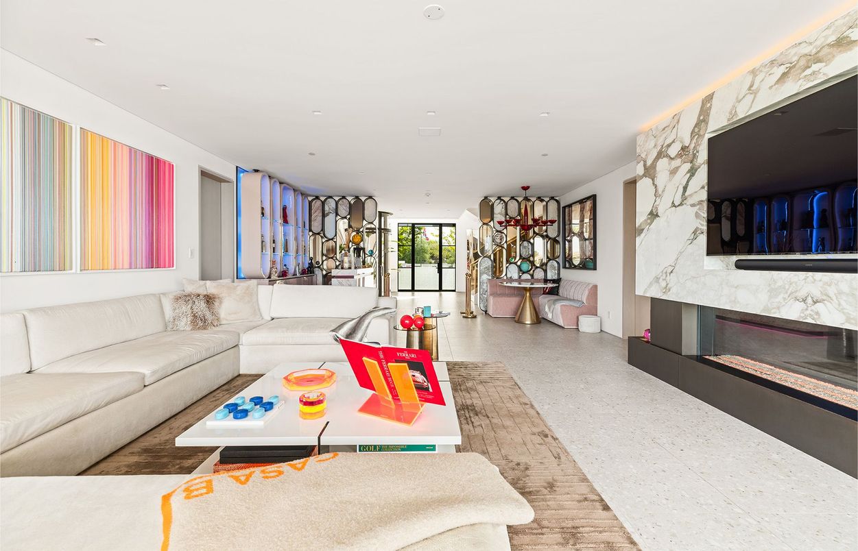 Fireplace, Interior, Living room, Recessed Lighting, Stone Walls, Wood Texture Flooring