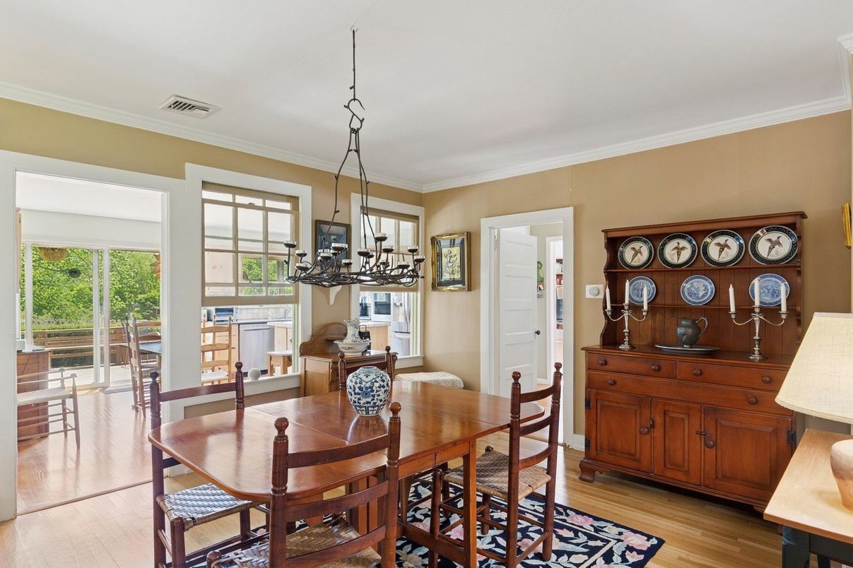 Dining room, Interior, Pendant Lights, Wood Texture Flooring