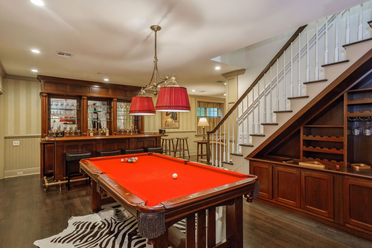 Billiard Table, Game Room, Interior, Pendant Lights, Recessed Lighting, Wood Texture Flooring