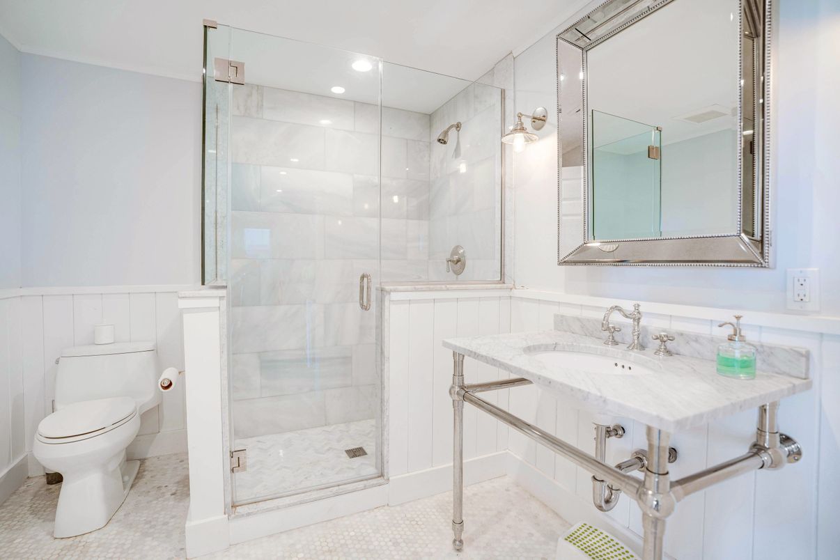 Bathroom, Glass Shower, Interior, Marble Walls, Recessed Lighting