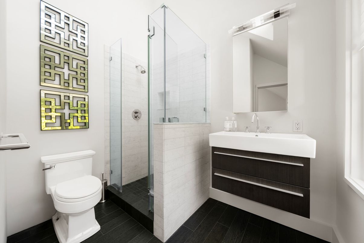 Bathroom, Glass Shower, Interior, Wood Texture Flooring