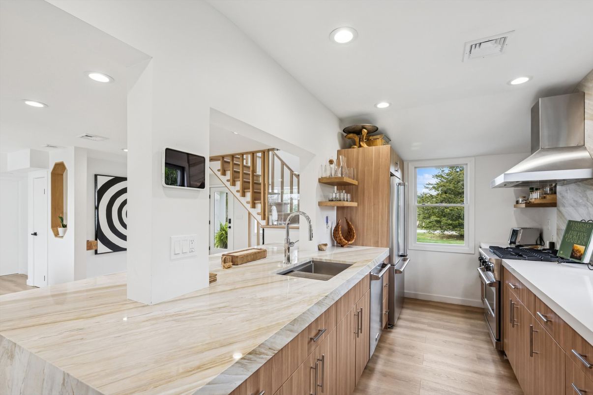 Interior, Kitchen, Recessed Lighting, Stainless Steel Appliances, Wood Texture Flooring