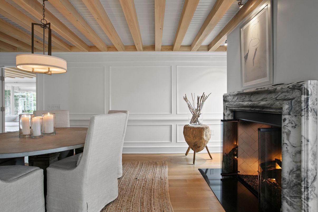 Dining room, Fireplace, Interior, Pendant Lights, Wood Texture Flooring