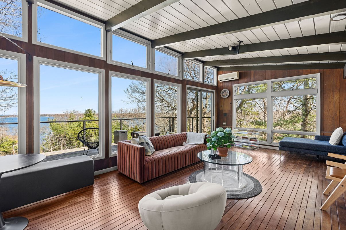 Interior, Living room, Sun Room, Water, Wooden Beams, Wood Texture Flooring, Wooden Walls