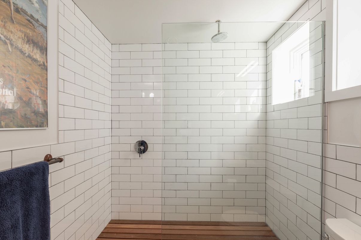 Bathroom, Glass Shower, Interior, Wood Texture Flooring