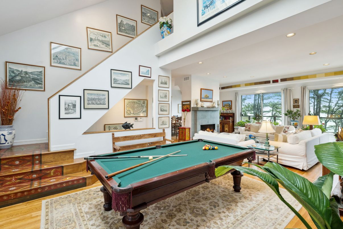 Billiard Table, Fireplace, Game Room, Interior, Recessed Lighting, Wood Texture Flooring