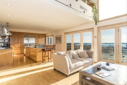 Interior, Kitchen, Living room, Recessed Lighting, Stainless Steel Appliances, Water, Wood Texture Flooring