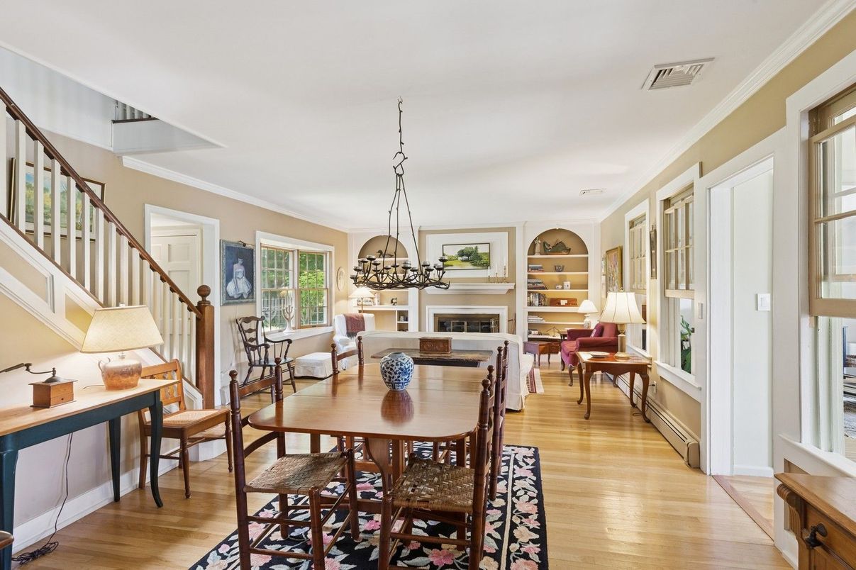 Chandelier, Dining room, Fireplace, Interior, Living room, Pendant Lights, Wood Texture Flooring