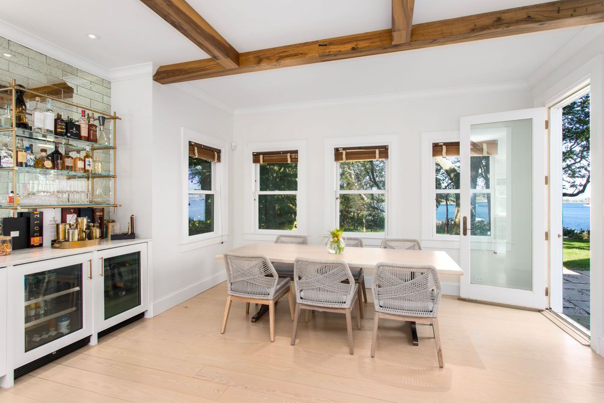 Dining room, Interior, Recessed Lighting, Water, Wooden Beams, Wood Texture Flooring