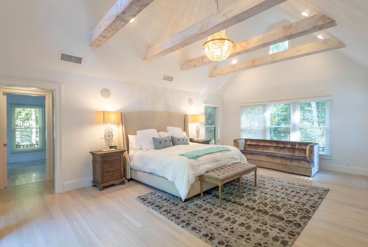 Bedroom, Chandelier, Interior, Recessed Lighting, Wooden Beams, Wood Texture Flooring
