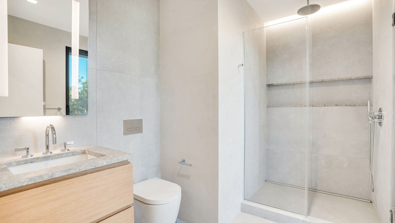 Bathroom, Glass Shower, Interior, Recessed Lighting