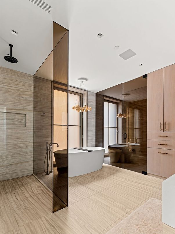 Bathroom, Dual Sink Vanities, Free Standing Baths, Glass Shower, Interior, Pendant Lights, Recessed Lighting