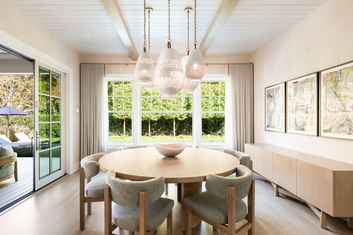 Dining room, Interior, Pendant Lights, Recessed Lighting, Wood Texture Flooring