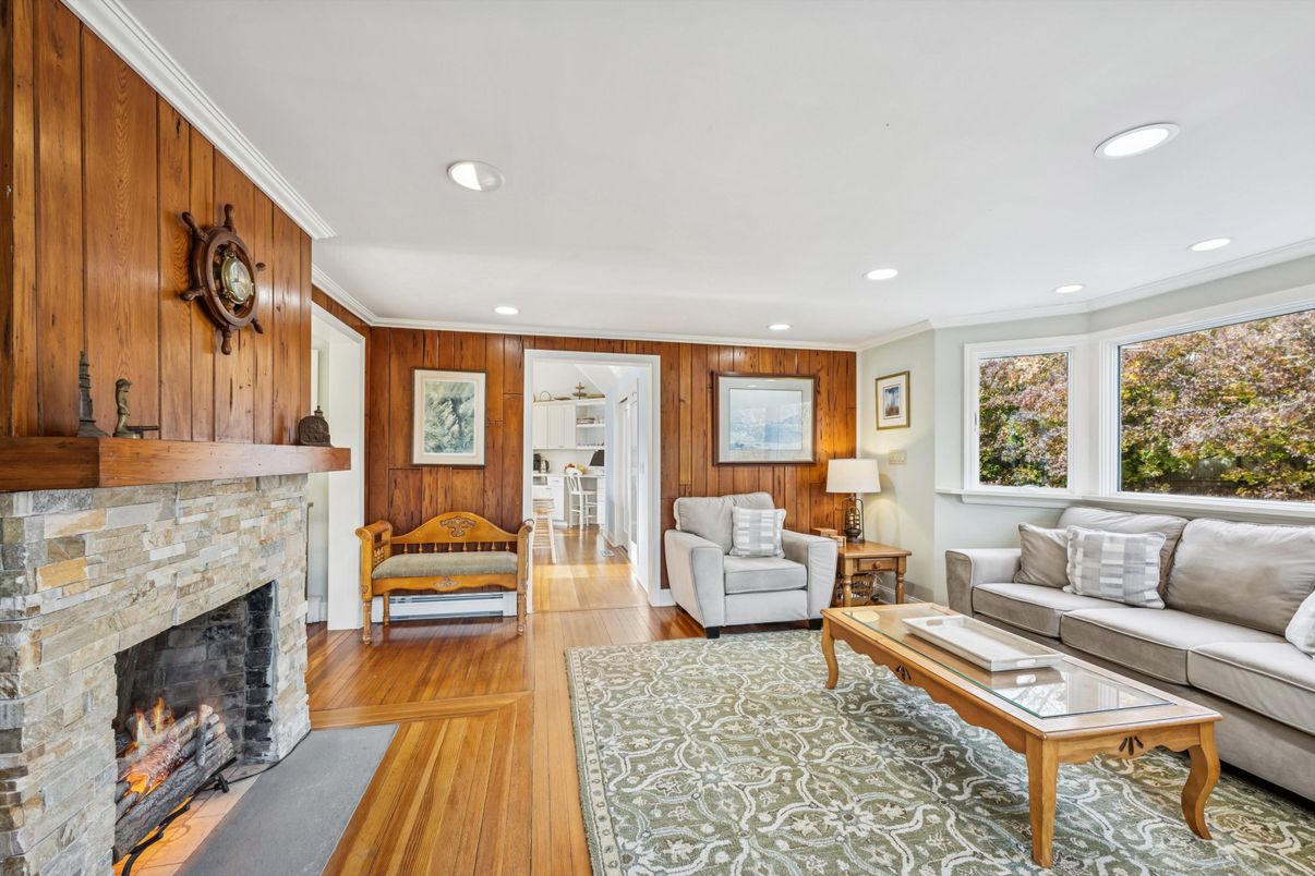 Fireplace, Interior, Living room, Recessed Lighting, Wood Texture Flooring, Wooden Walls