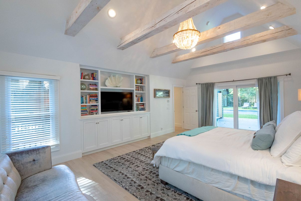 Bedroom, Chandelier, Interior, Recessed Lighting, Wooden Beams, Wood Texture Flooring