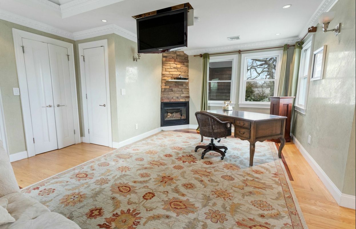 Fireplace, Home Office, Interior, Recessed Lighting, Wood Texture Flooring