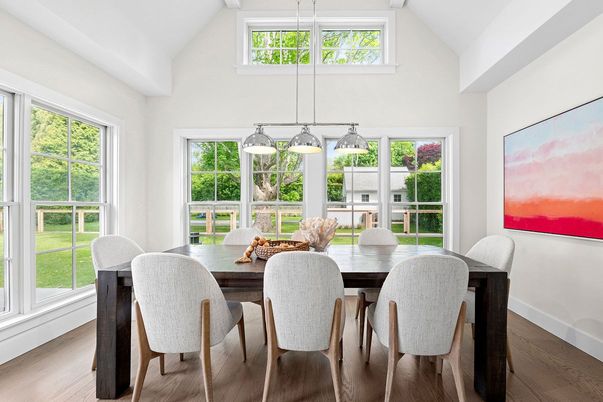 Dining room, Interior, Pendant Lights, Wood Texture Flooring