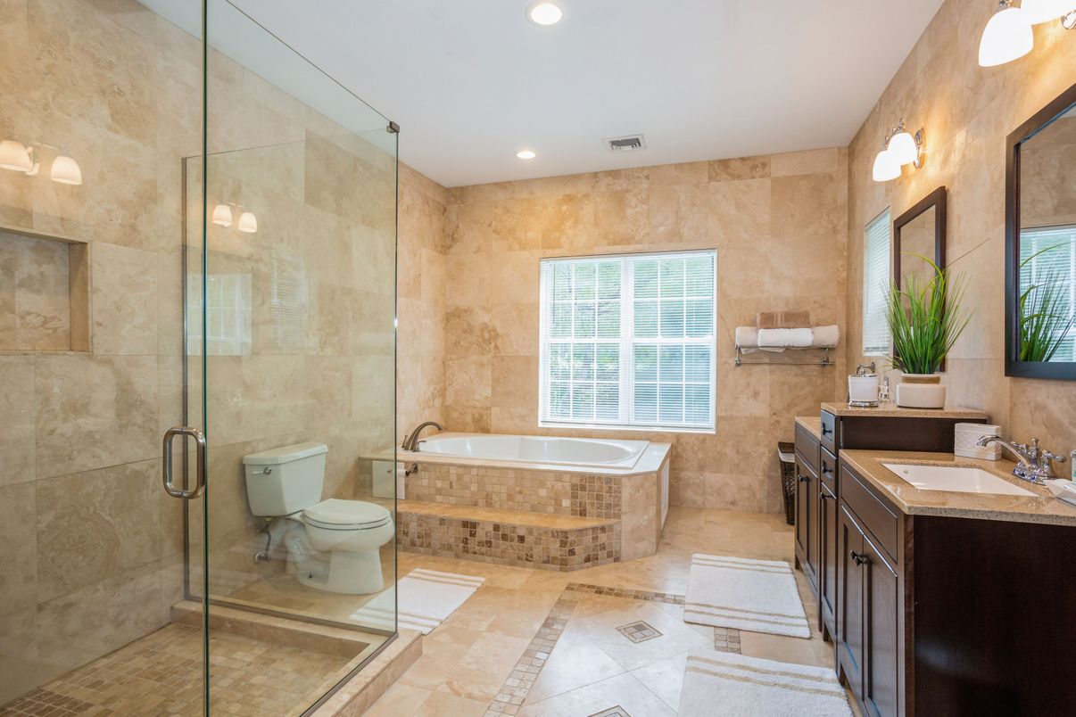Bathroom, Dual Sink Vanities, Glass Shower, Interior, Recessed Lighting