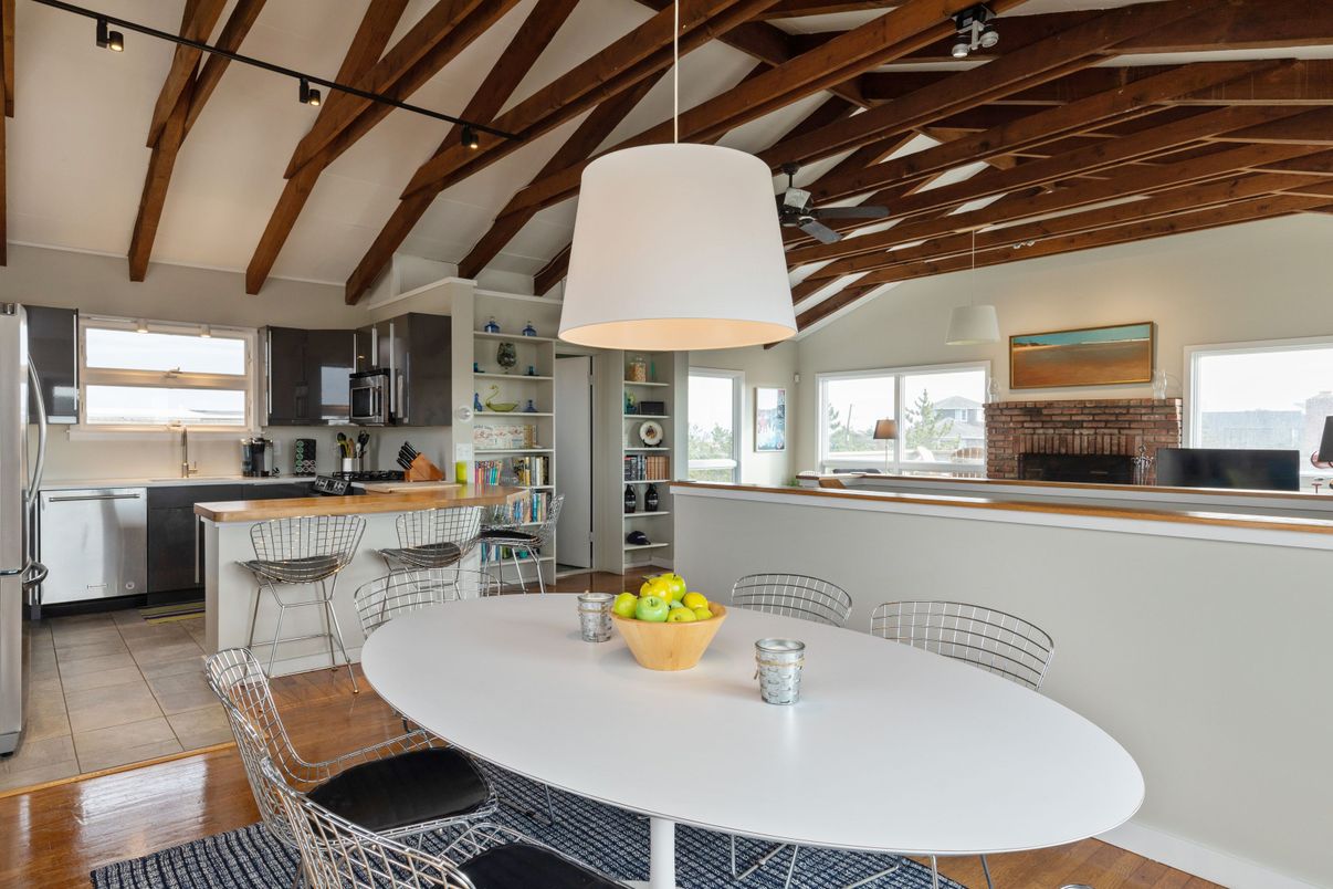Interior, Kitchen, Pendant Lights, Stainless Steel Appliances, Wooden Beams