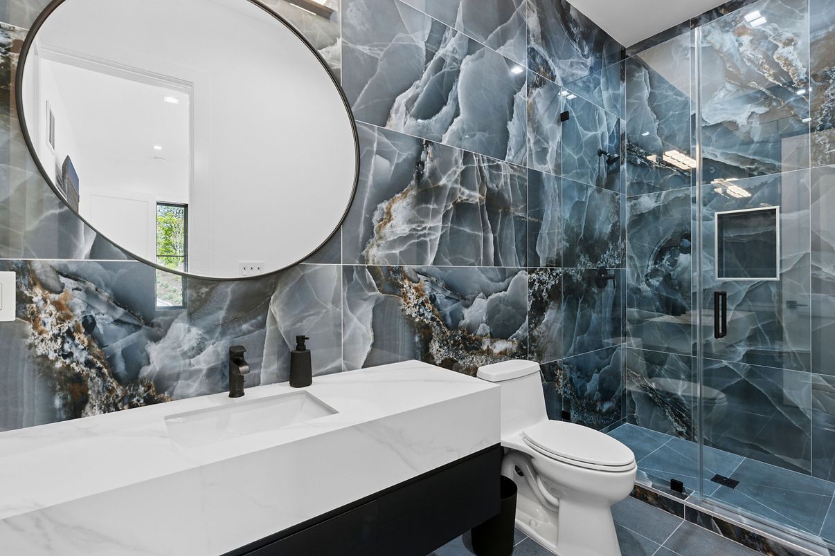 Bathroom, Glass Shower, Interior, Marble Walls, Recessed Lighting