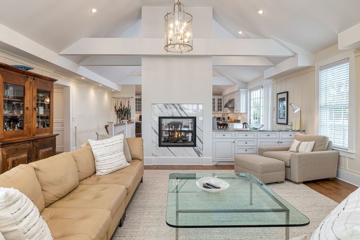 Fireplace, Interior, Living room, Pendant Lights, Recessed Lighting, Wood Texture Flooring