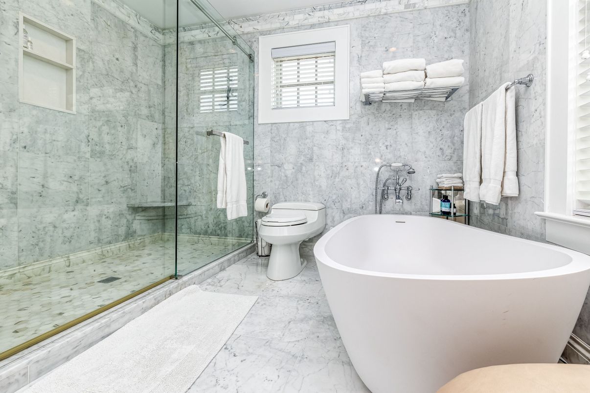 Bathroom, Free Standing Baths, Glass Shower, Interior, Marble, Marble Walls