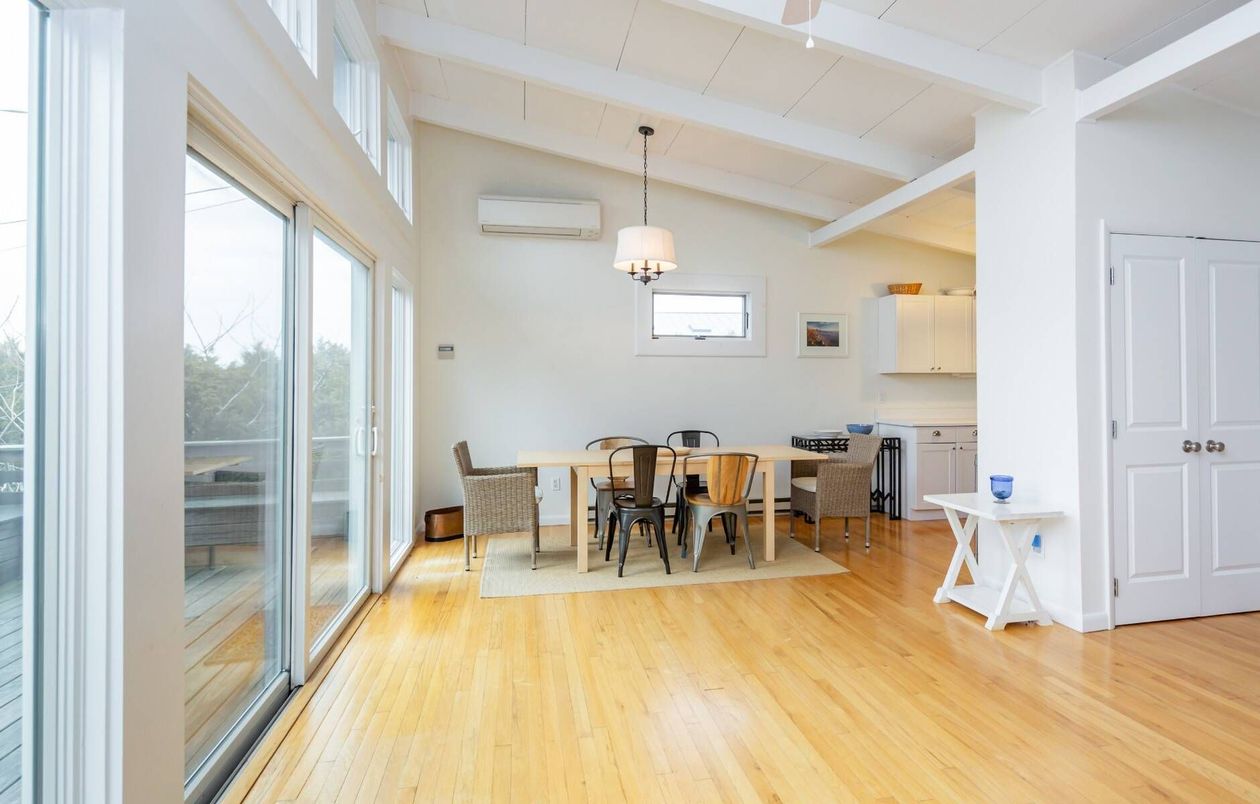 Dining room, Interior, Pendant Lights, Wood Texture Flooring