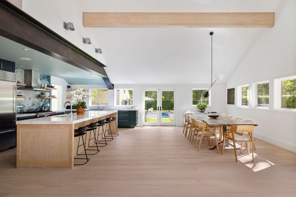 Dining room, Interior, Kitchen, Pendant Lights, Recessed Lighting, Stainless Steel Appliances, Wooden Beams, Wood Texture Flooring
