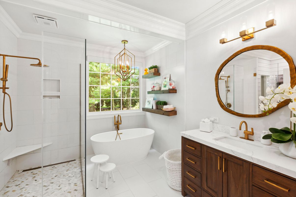 Bathroom, Dual Sink Vanities, Free Standing Baths, Glass Shower, Interior, Pendant Lights