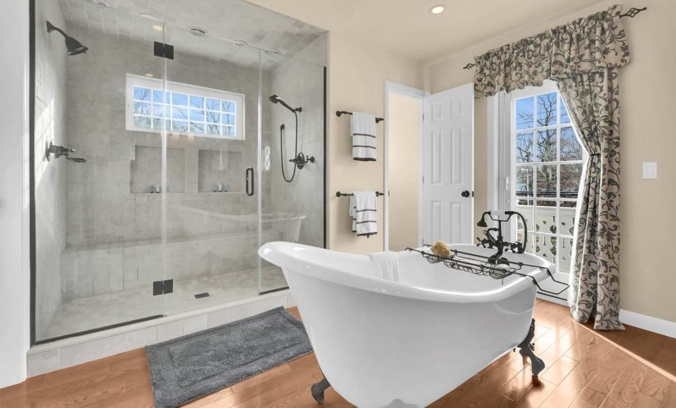 Bathroom, Free Standing Baths, Glass Shower, Interior, Recessed Lighting, Wood Texture Flooring