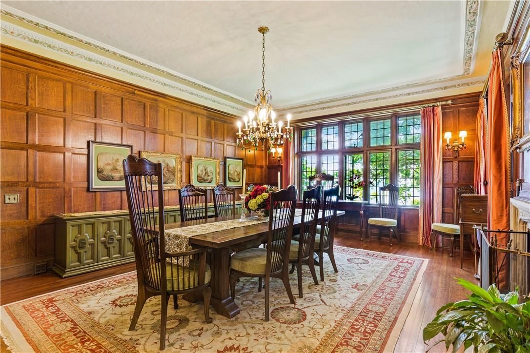 Chandelier, Dining room, Fireplace, Interior, Wood Texture Flooring, Wooden Walls