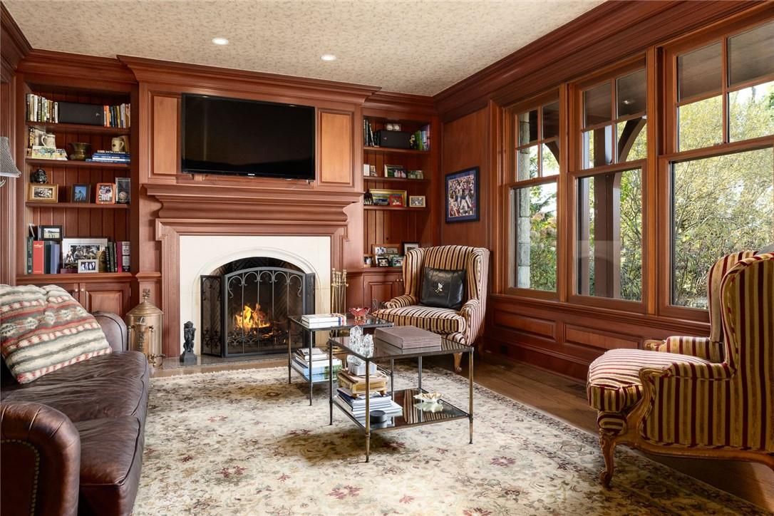 Fireplace, Interior, Living room, Recessed Lighting, Wood Texture Flooring, Wooden Walls