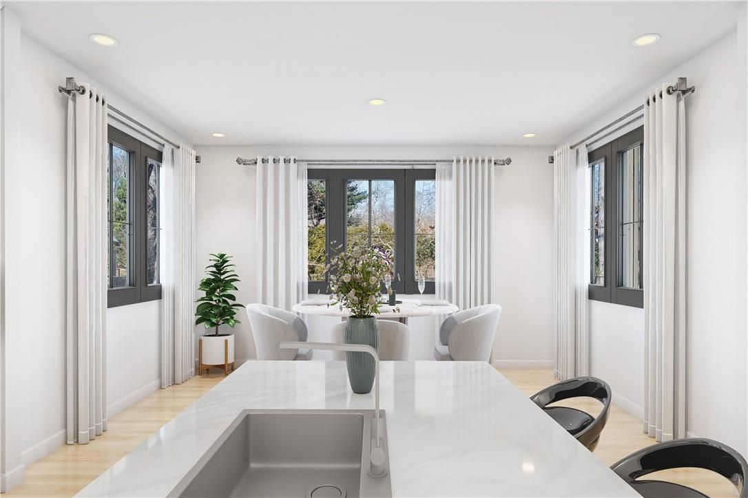 Dining room, Interior, Recessed Lighting, Wood Texture Flooring