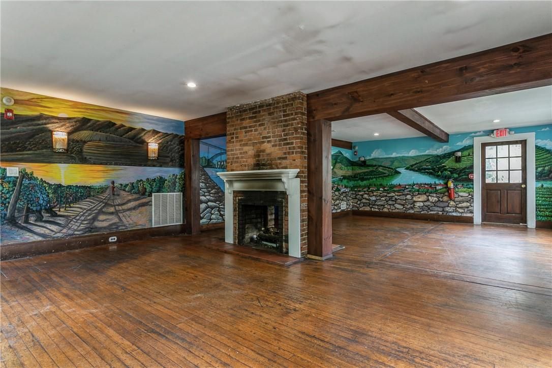 Empty room, Fireplace, Interior, Recessed Lighting, Stone Walls, Wooden Beams, Wood Texture Flooring