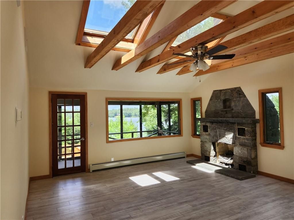 Empty room, Fireplace, Interior, Wooden Beams, Wood Texture Flooring