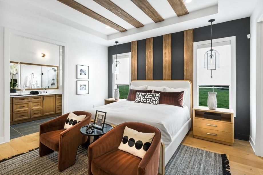 Bedroom, Interior, Pendant Lights, Recessed Lighting, Wooden Beams, Wood Texture Flooring