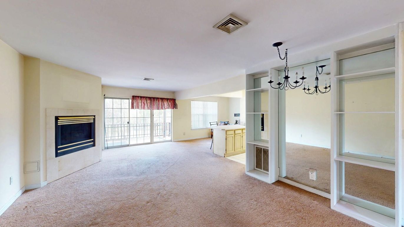 Chandelier, Empty room, Fireplace, Interior