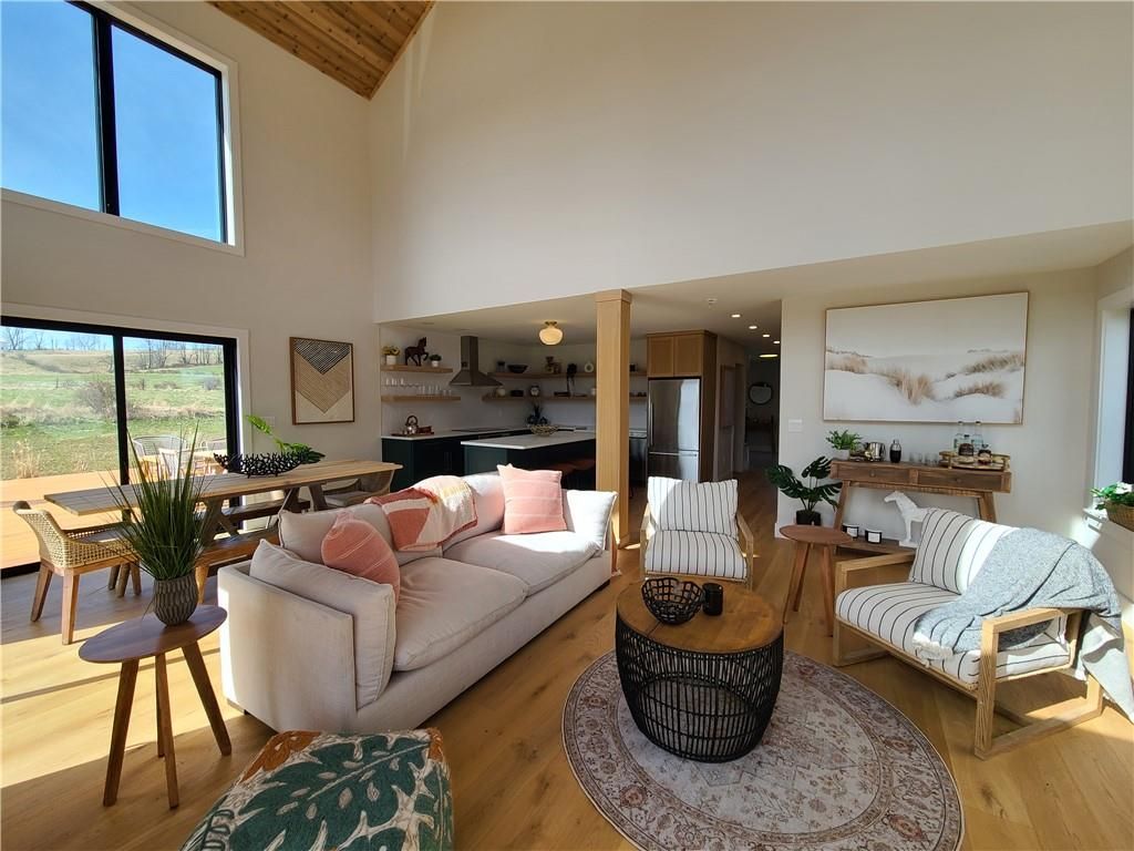 Dining room, Interior, Kitchen, Living room, Recessed Lighting, Stainless Steel Appliances, Wooden Ceilings, Wood Texture Flooring