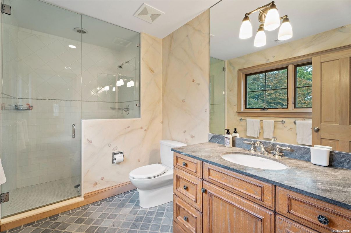 Bathroom, Glass Shower, Interior, Marble Walls, Recessed Lighting
