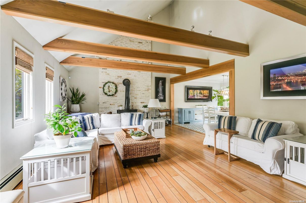 Interior, Living room, Pendant Lights, Stone Walls, Wooden Beams, Wood Texture Flooring